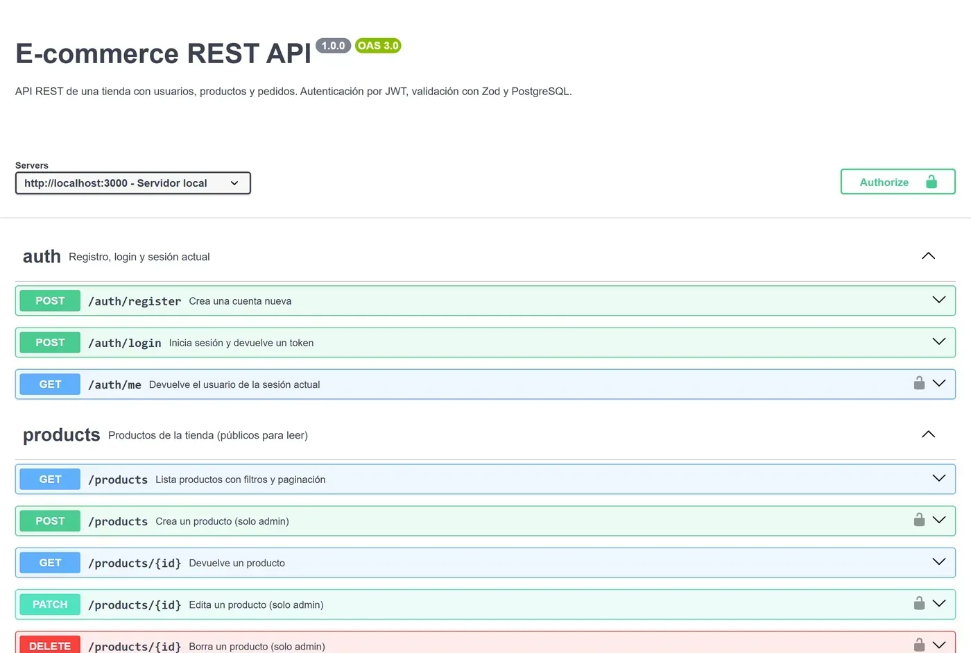 Swagger UI con los endpoints de autenticación y productos