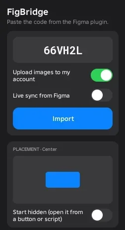 Plugin FigBridge en Roblox Studio con el código de seis letras