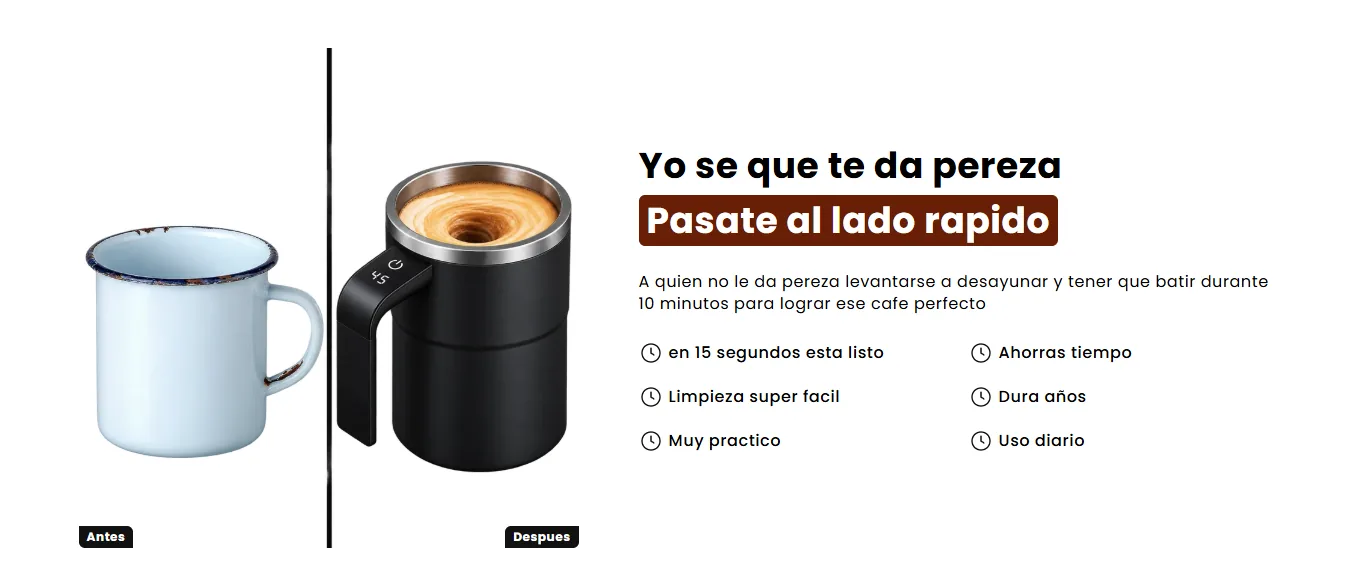 Sección de antes y después con los beneficios de la taza