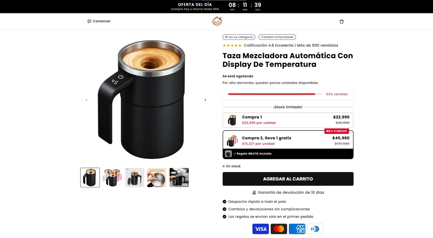Página de producto de la taza mezcladora con oferta, stock y packs