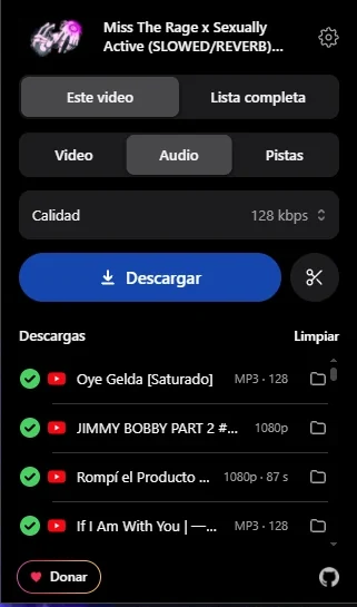 Panel de mpeasy con calidad, formato y la lista de descargas