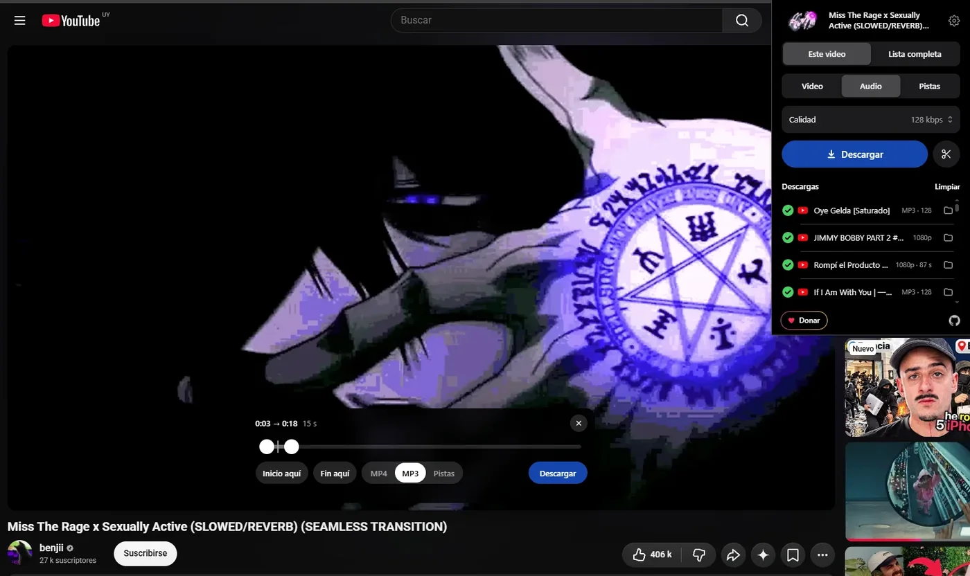 mpeasy funcionando sobre un video de YouTube, con el panel de descarga y la herramienta para recortar