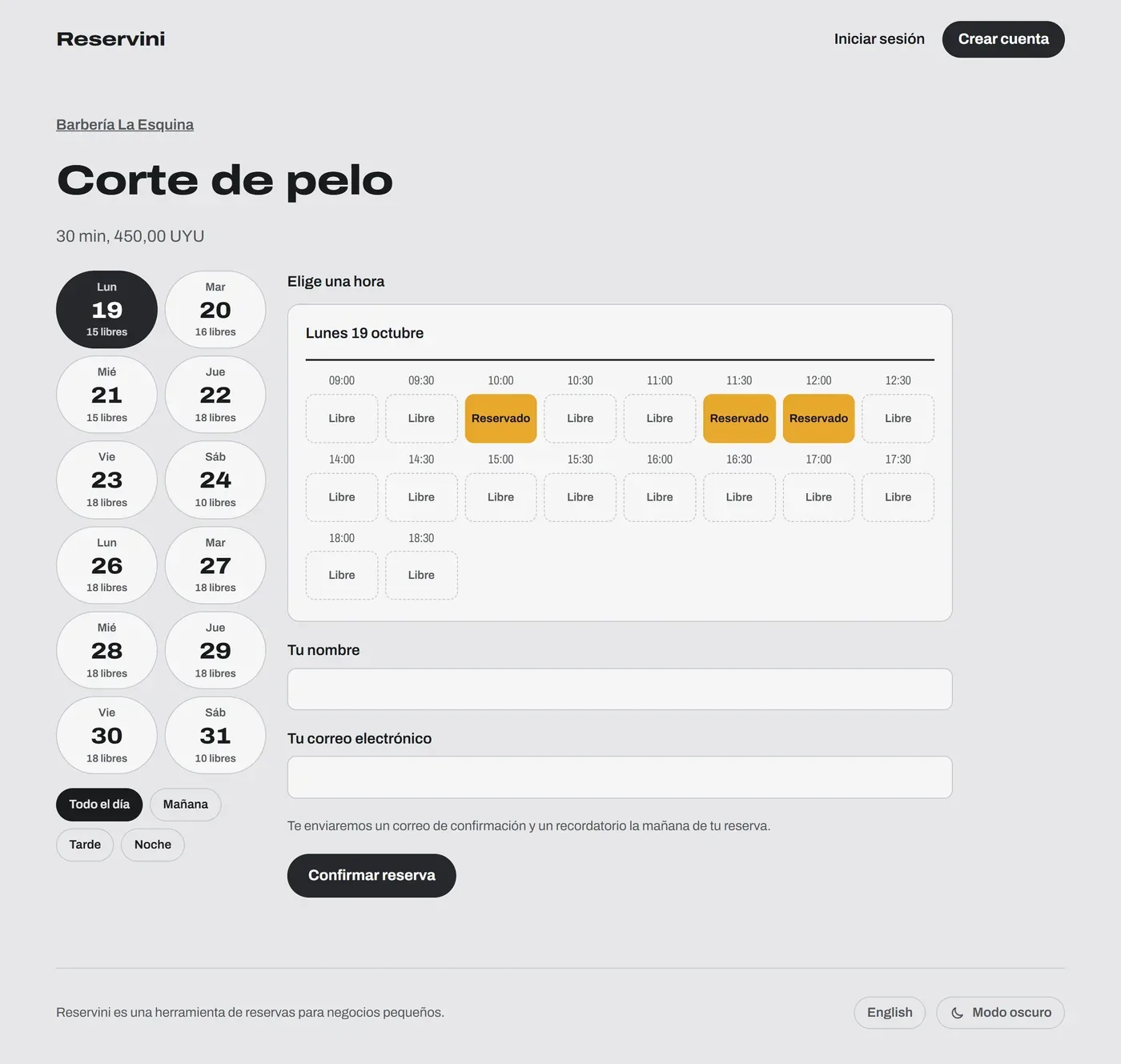 Página donde un cliente elige día y hora para un corte de pelo